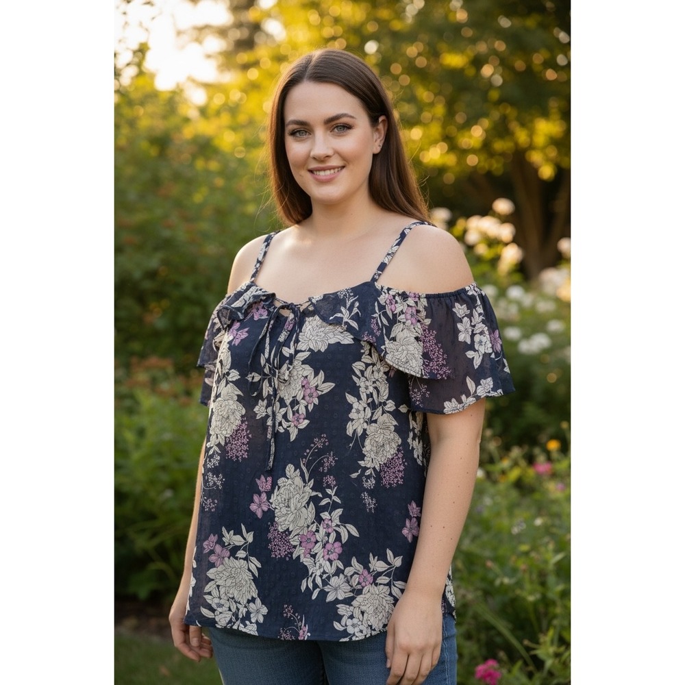 NWT Torrid Navy Floral Clip Dot Cold Shoulder Ruffle Blouse Top 2 2X 18-20